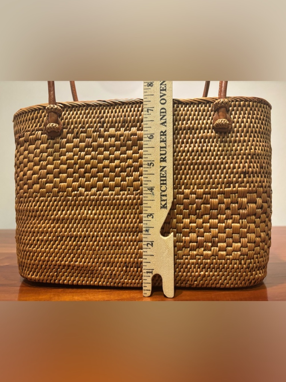 Woven Rattan Tote Bag with Black and Blue Batik Print Drawstring Liner - Picture 9 of 10